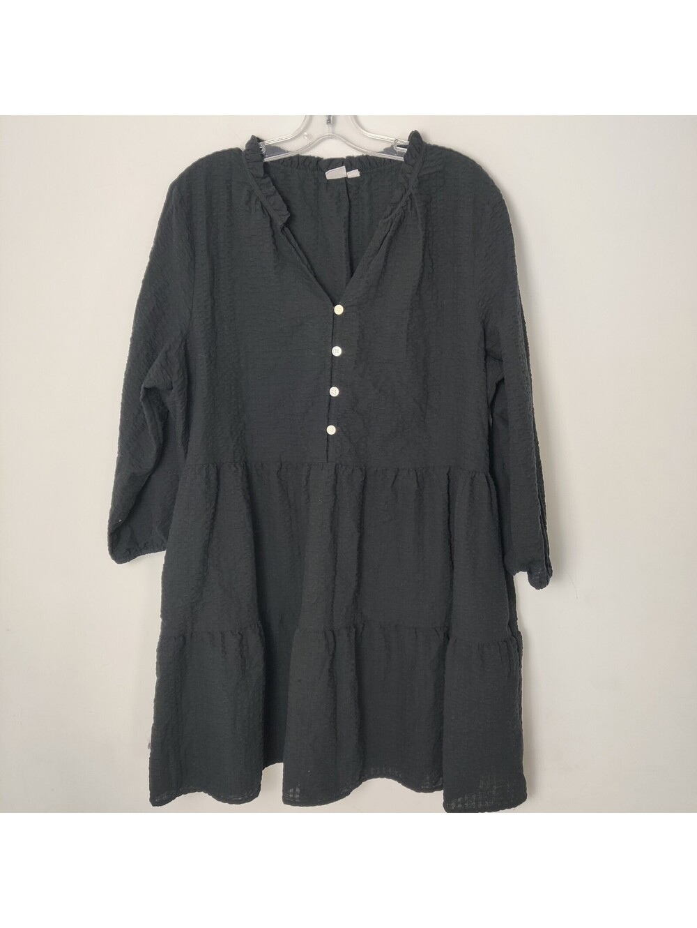 Gap Black Textured Seersucker Tiered Ruffle Neck Babydoll Mini Dress XL